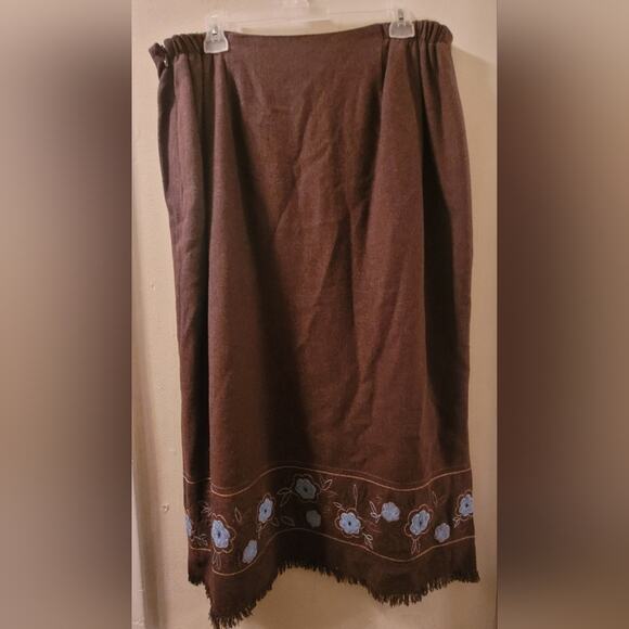 Vintage Wool Blend Floral Embroidered Maxi Skirt Brown W/Powder Blue Flowers 14W - Picture 4 of 8